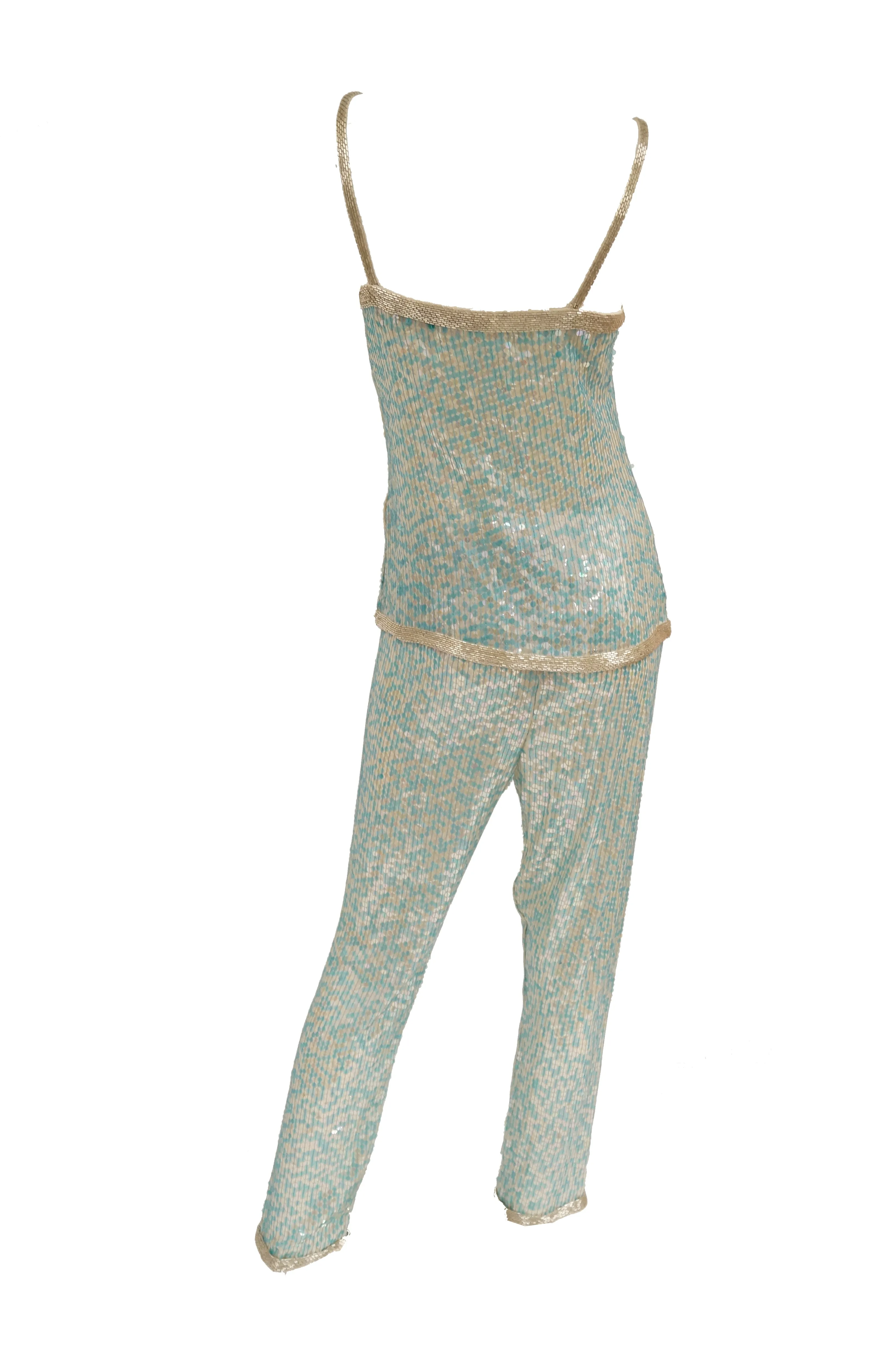 1980s Naeem Khan Silk Aqua Sequin & Beading Evening Ensemble W/ Tassel Jacket