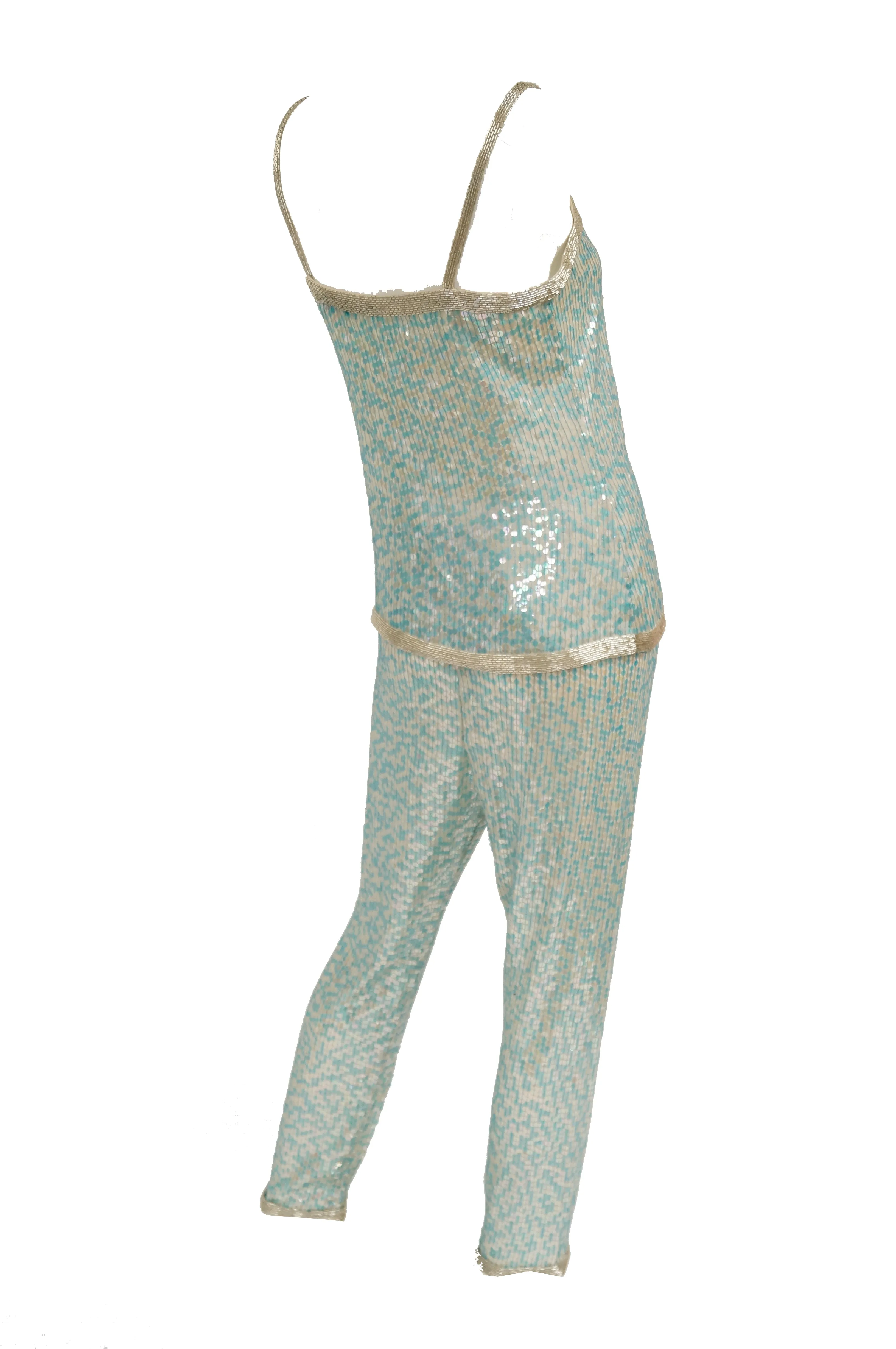 1980s Naeem Khan Silk Aqua Sequin & Beading Evening Ensemble W/ Tassel Jacket