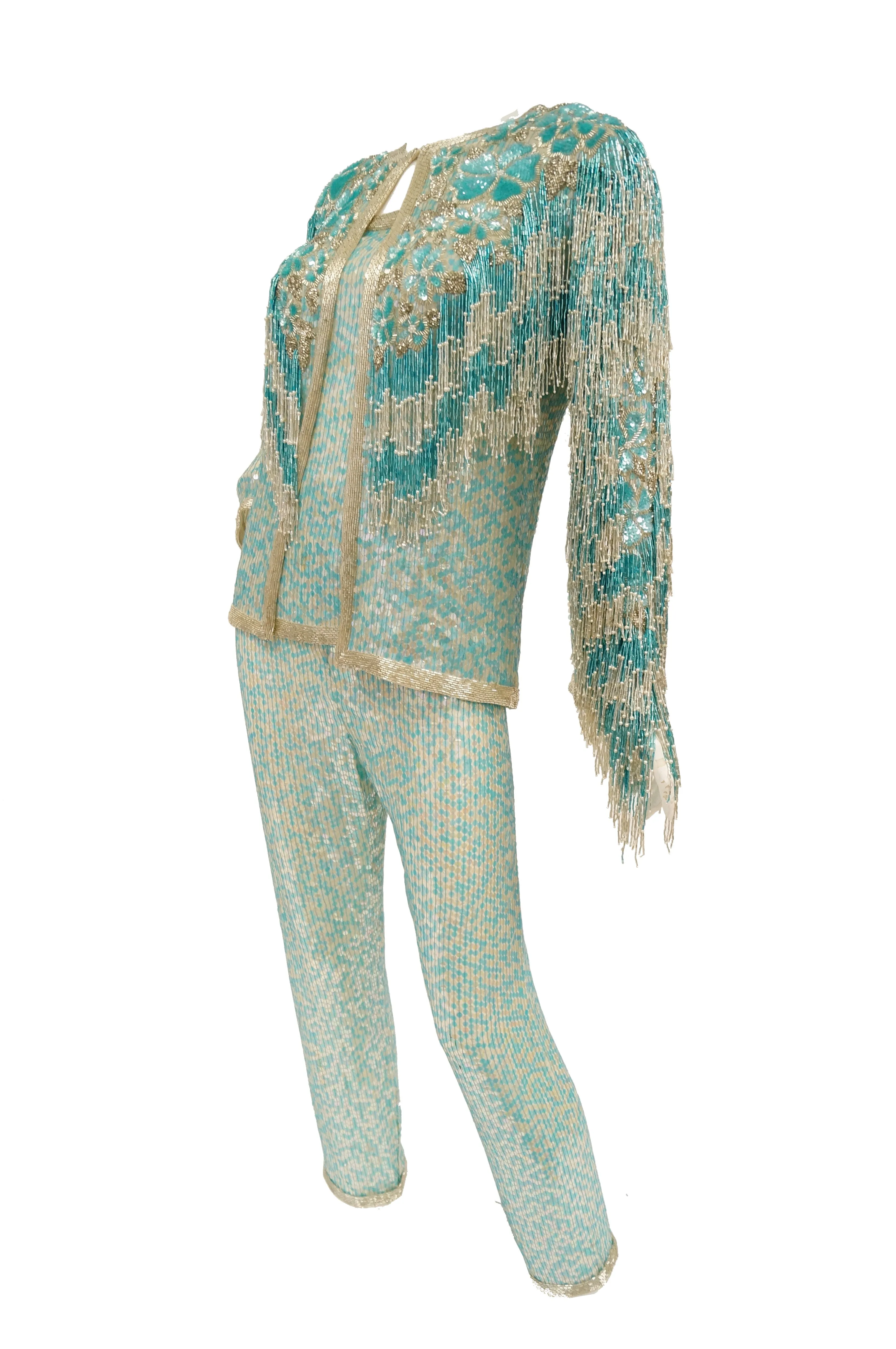 1980s Naeem Khan Silk Aqua Sequin & Beading Evening Ensemble W/ Tassel Jacket