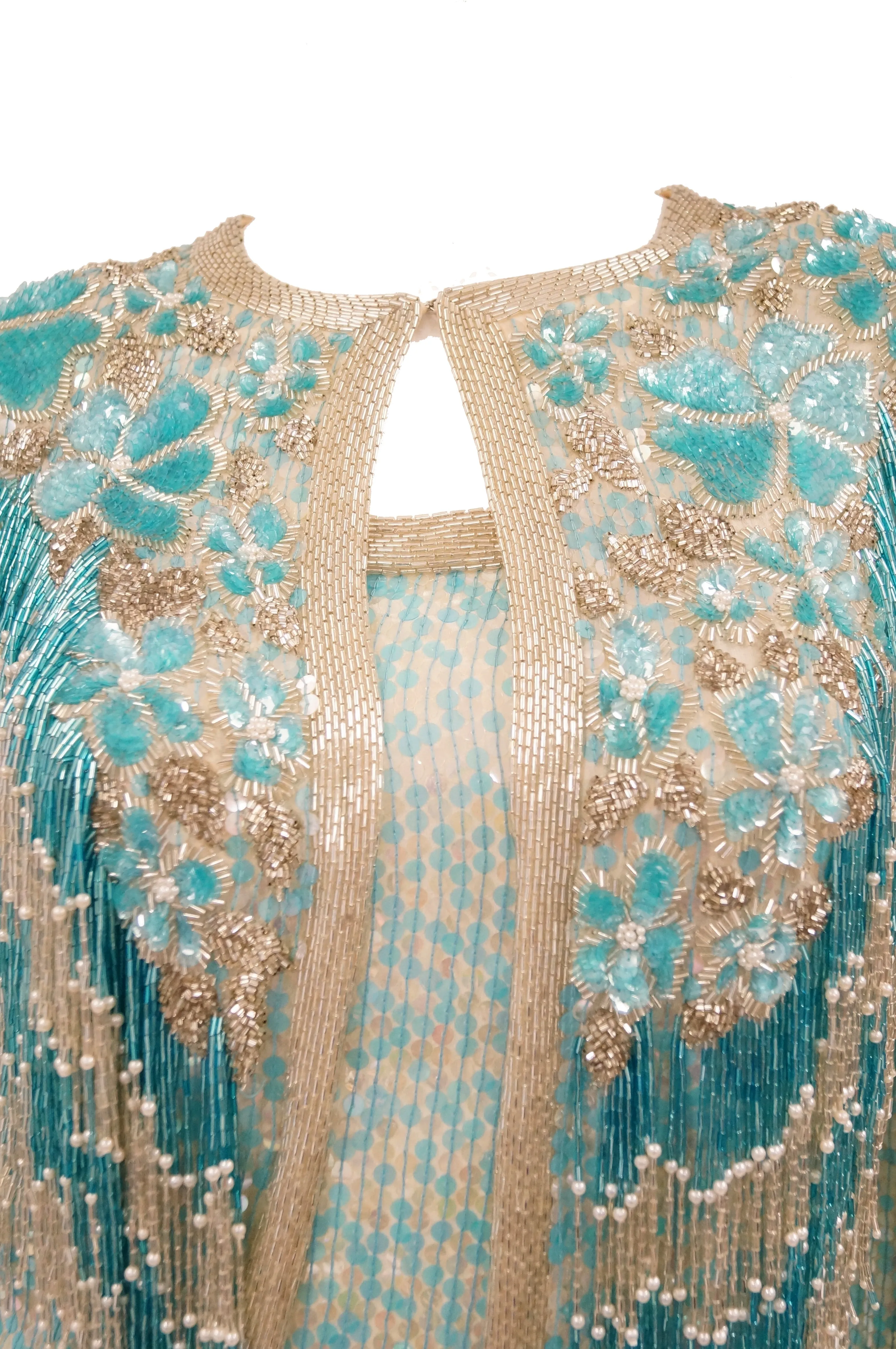 1980s Naeem Khan Silk Aqua Sequin & Beading Evening Ensemble W/ Tassel Jacket