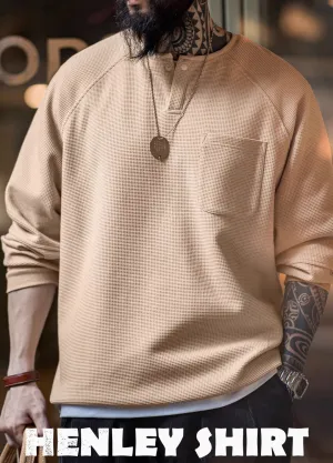 American Retro Waffle Knitted Henry Loose Raglan Half-Open Men's Sweater