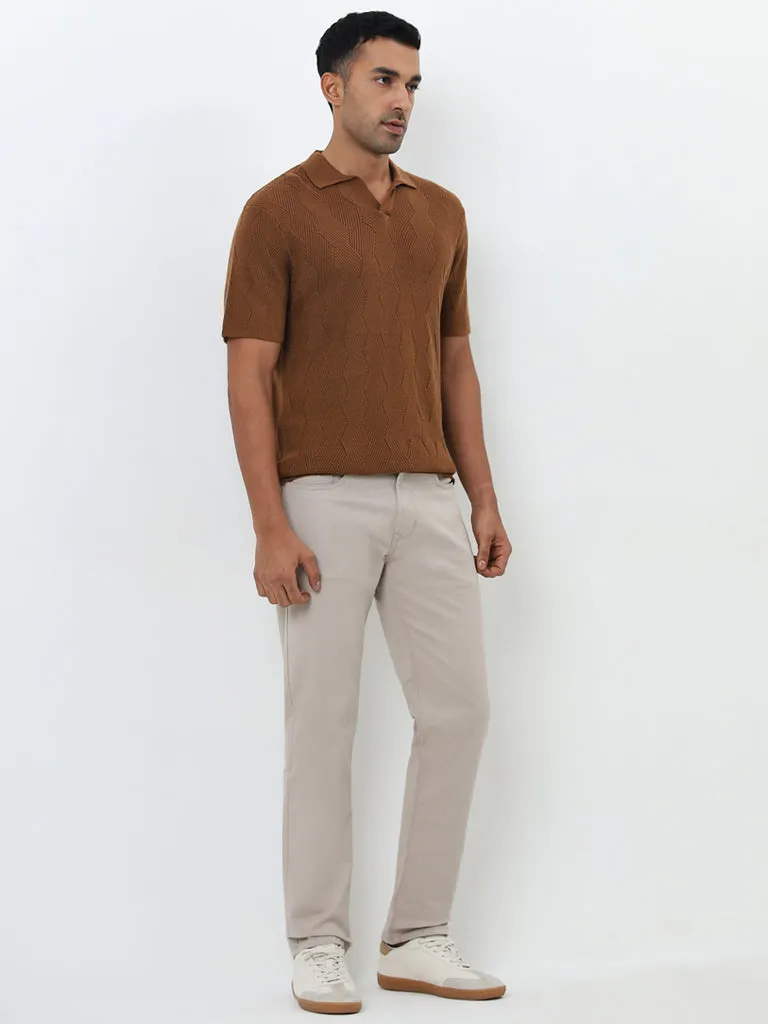 Ascot Tan Knit-Textured Relaxed-Fit Polo T-Shirt