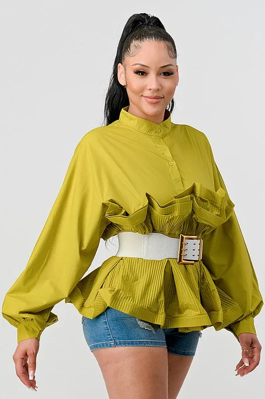 ATHINA Pleated Belted Ruffle Waist Blouse