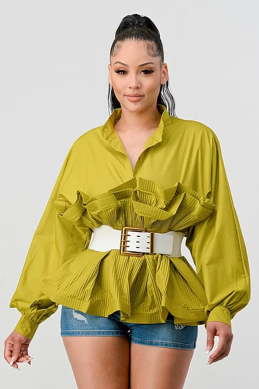 ATHINA Pleated Belted Ruffle Waist Blouse