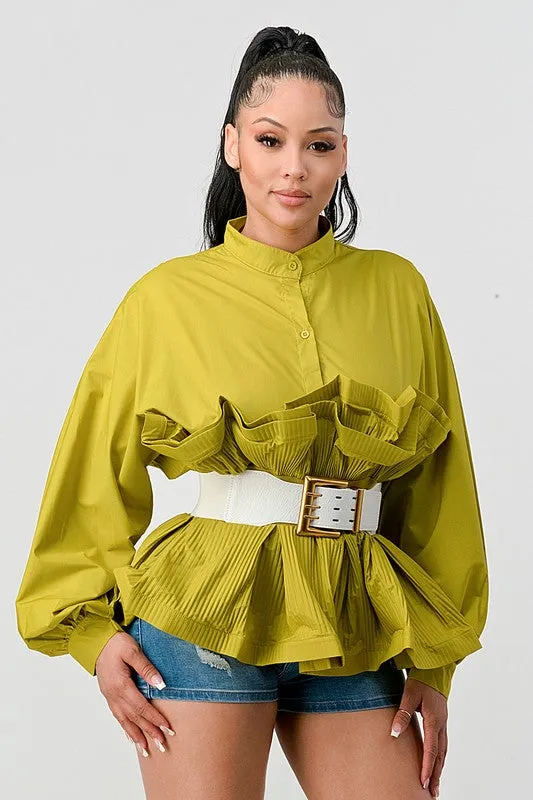 ATHINA PLEATED RUFFLE WASIT BELT LONG  BLOUSE