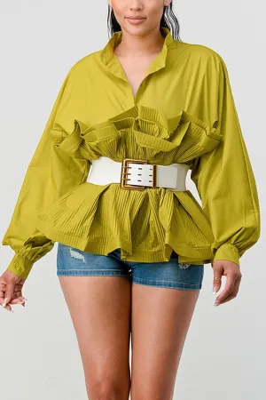 ATHINA PLEATED RUFFLE WASIT BELT LONG  BLOUSE