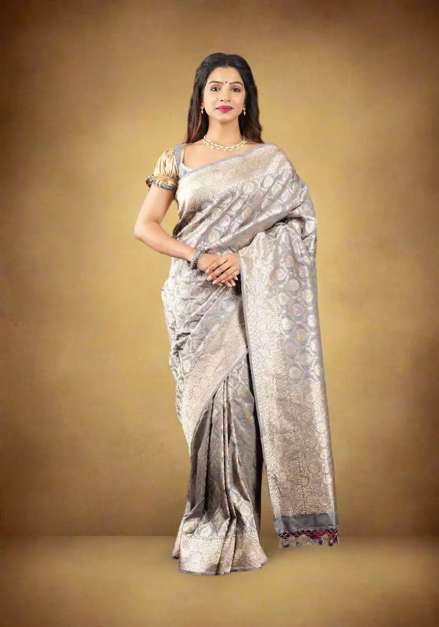 Authentic Banarasi Meenakari Jaal Katan Silk Saree in Gray | SILK MARK CERTIFIED