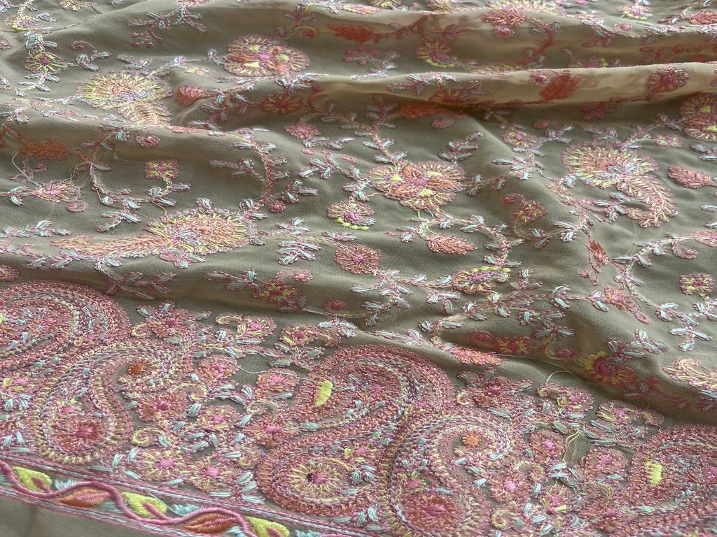 Beige Floral Kashmiri Heavy Embroidered Georgette Fabric