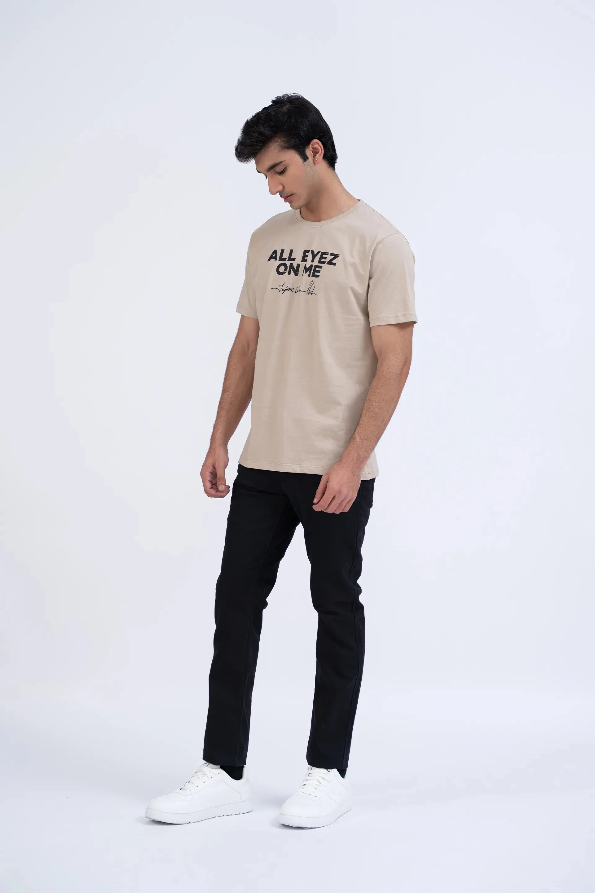 Beige Relaxed Fit Text T-Shirt