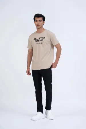 Beige Relaxed Fit Text T-Shirt