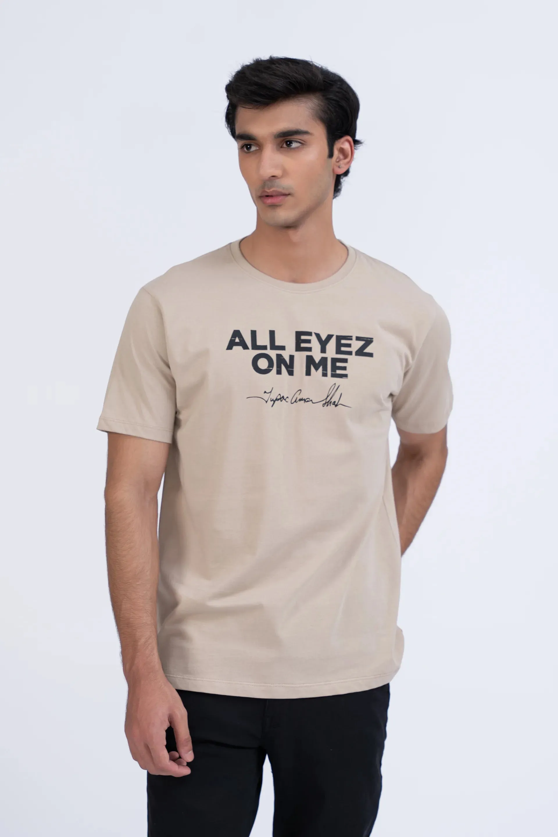 Beige Relaxed Fit Text T-Shirt