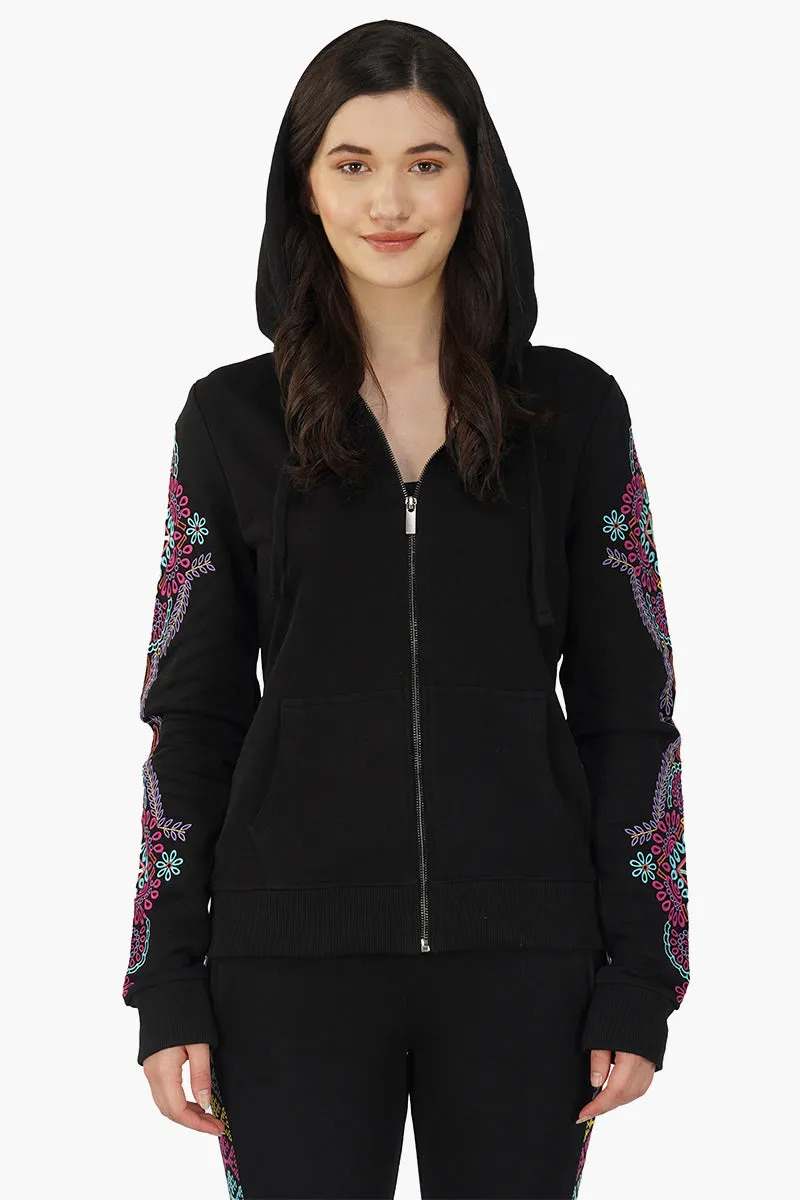 Black embroidered Long sleeve hooded jacket