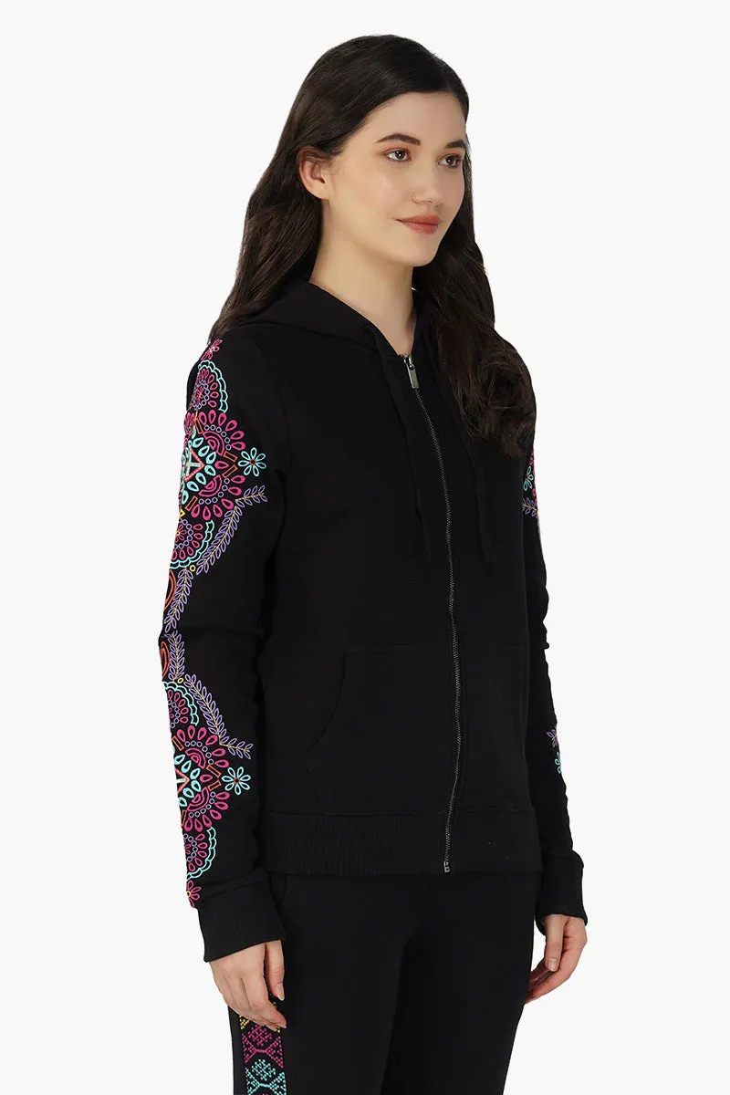 Black embroidered Long sleeve hooded jacket