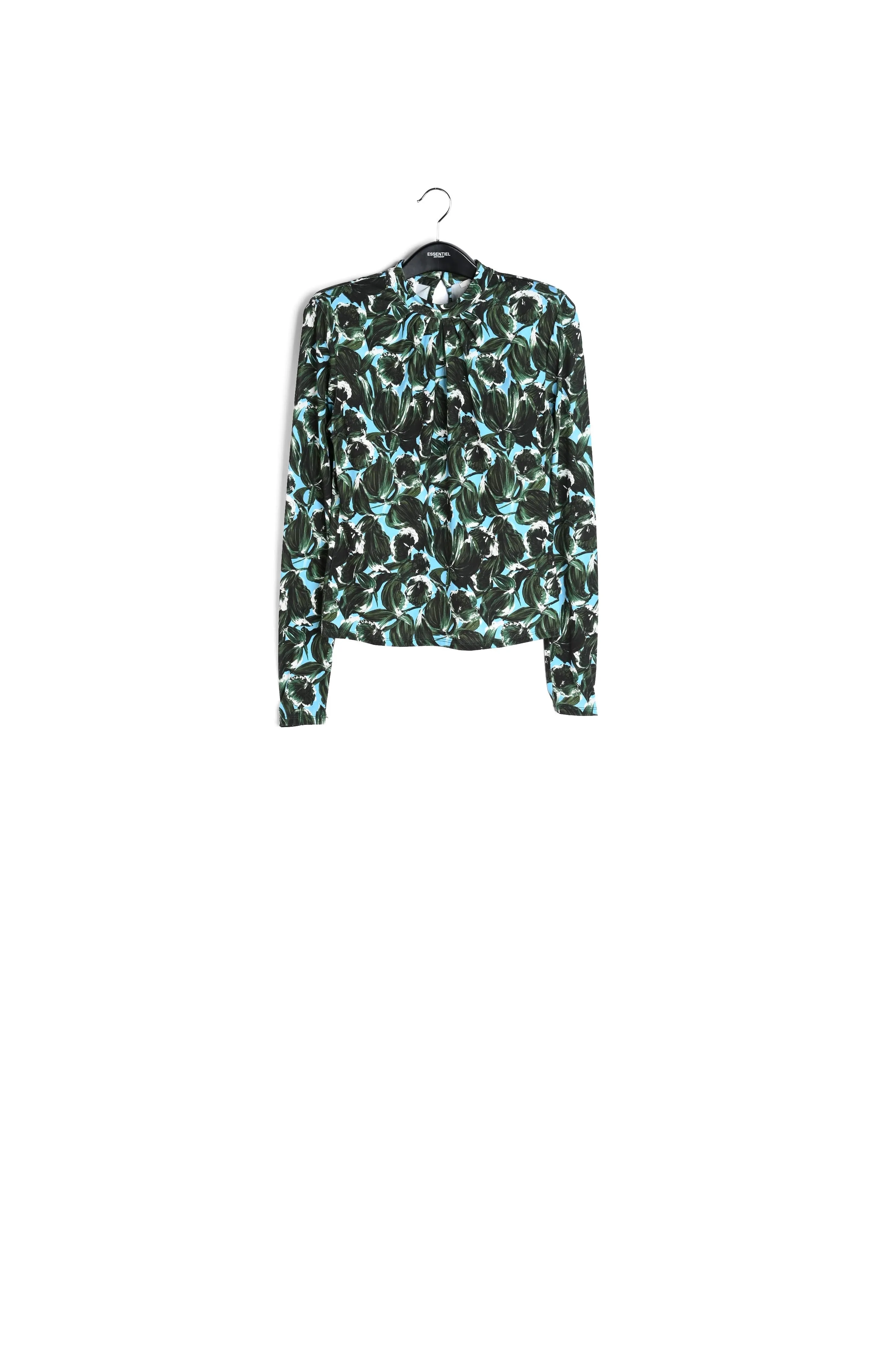 Blue and dark green leaf-print mock neck top