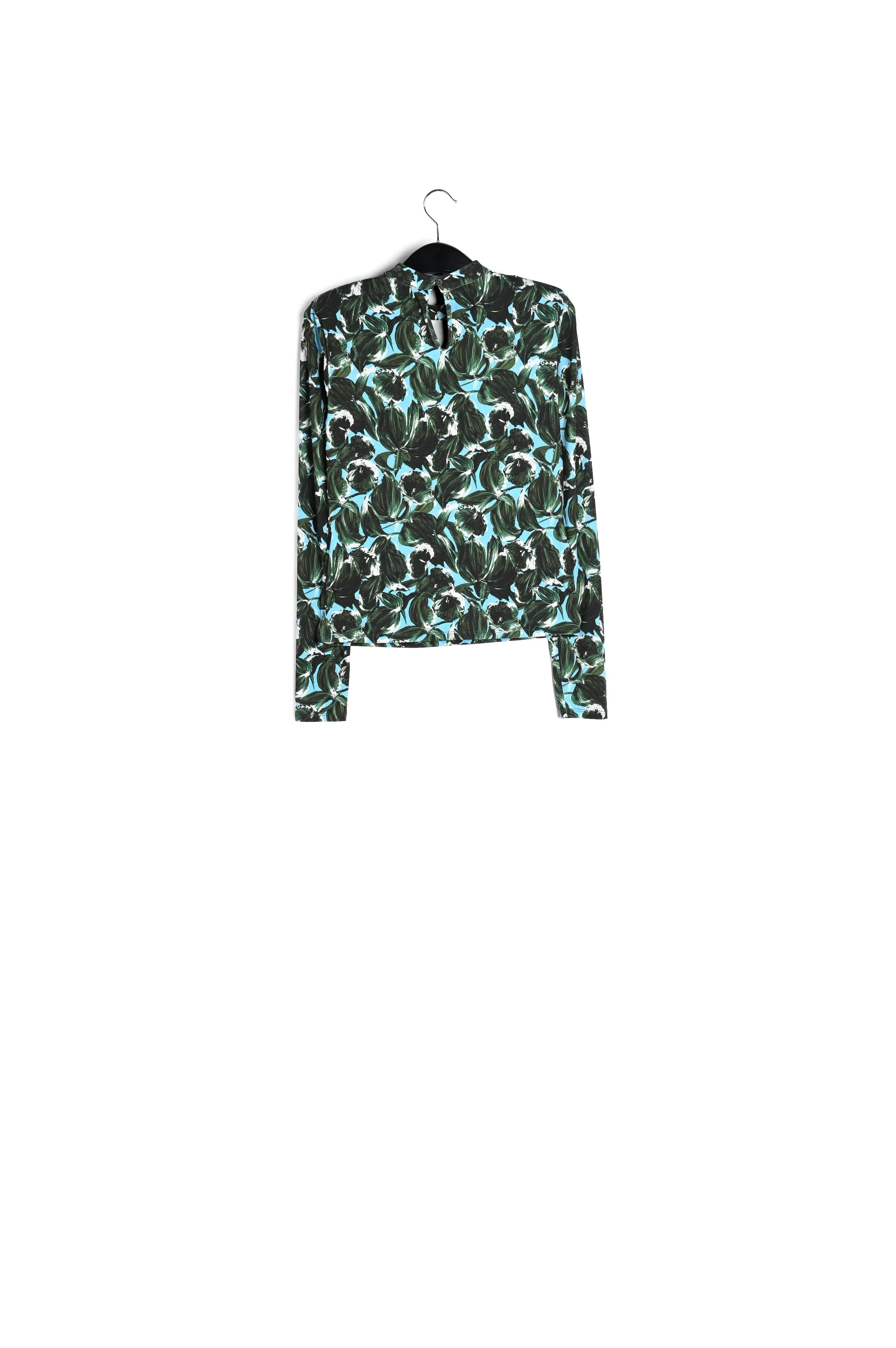 Blue and dark green leaf-print mock neck top