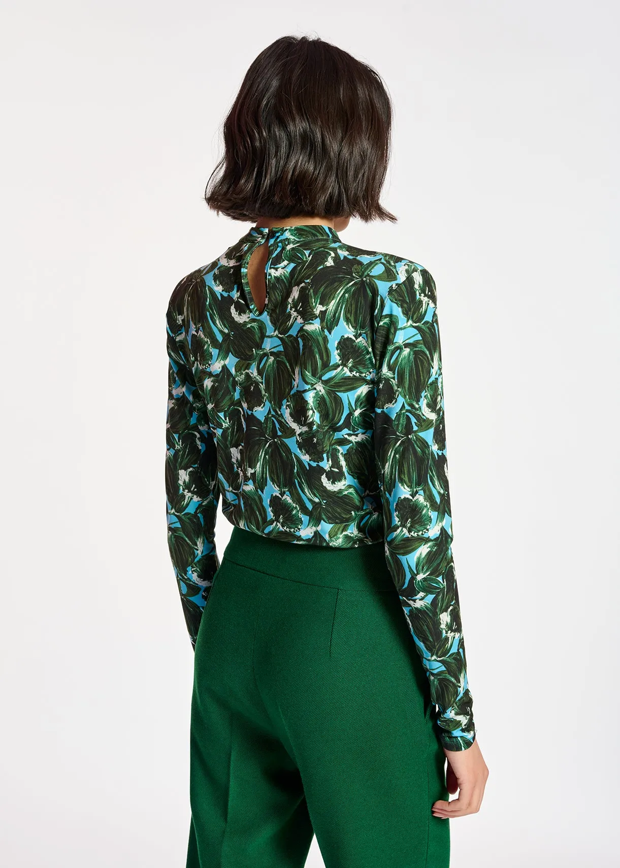 Blue and dark green leaf-print mock neck top