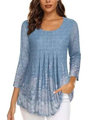 Blue Floral Women's Casual 3/4 Sleeve Tunic Tops Floral Double Layers Blouses Loose Fit Pleated Mesh Shirts - Timeson