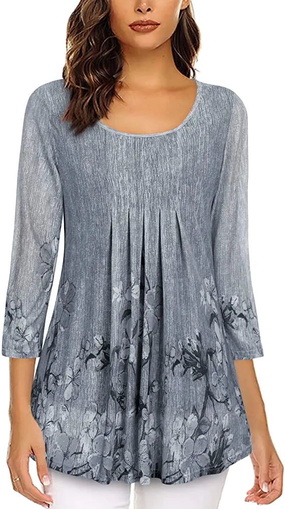 Blue Floral Women's Casual 3/4 Sleeve Tunic Tops Floral Double Layers Blouses Loose Fit Pleated Mesh Shirts - Timeson