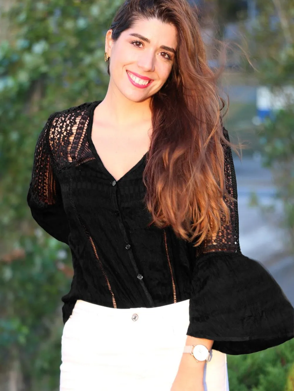 Bohemian Black Crochet Bell Sleeve Blouse