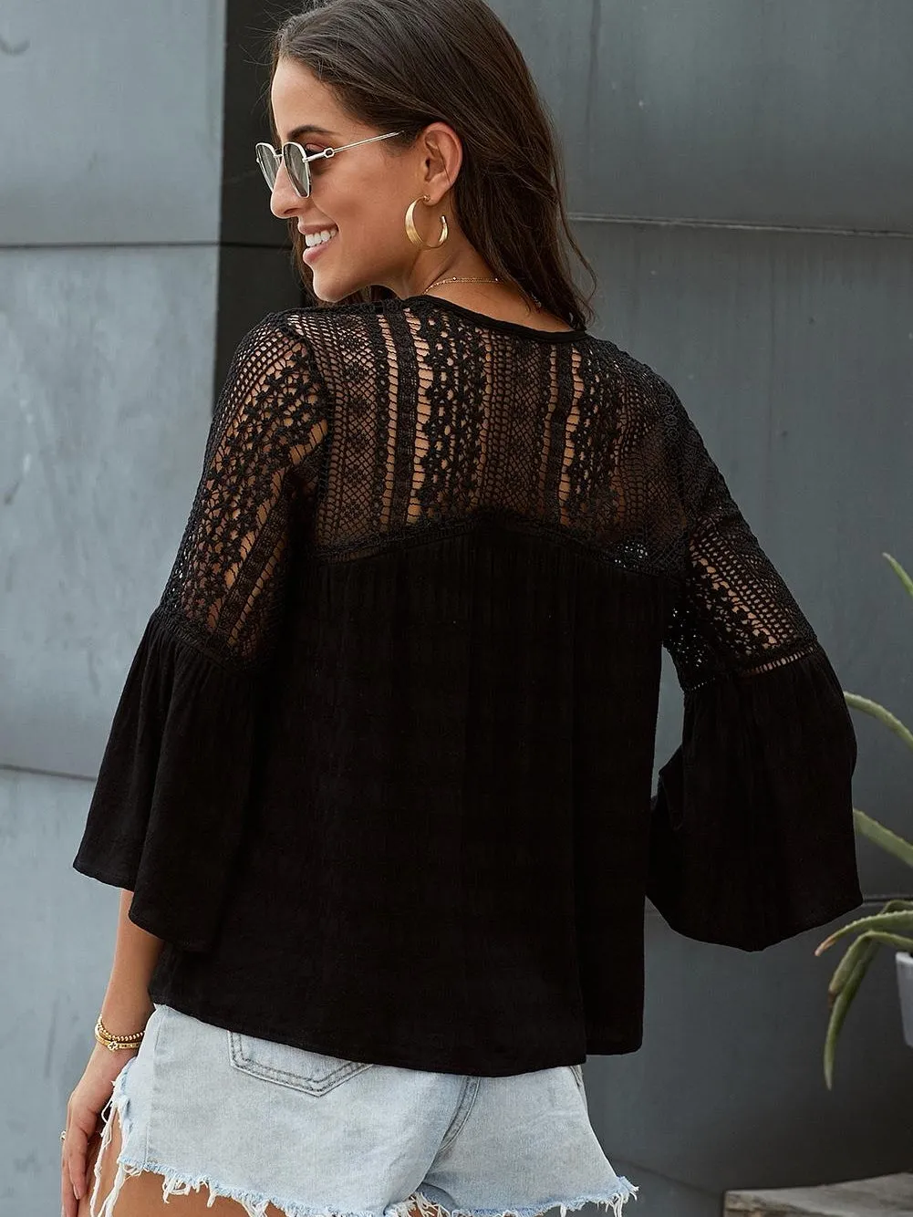 Bohemian Black Crochet Bell Sleeve Blouse