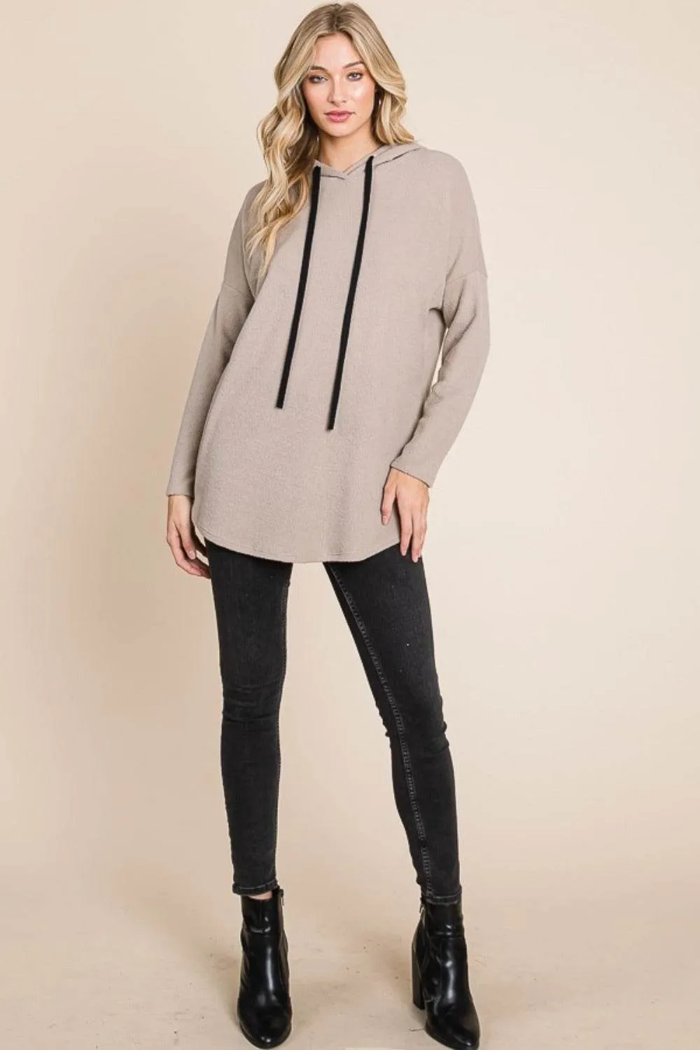 BOMBOM Contrast Drawstring Drop Shoulder Knit Hoodie In Taupe