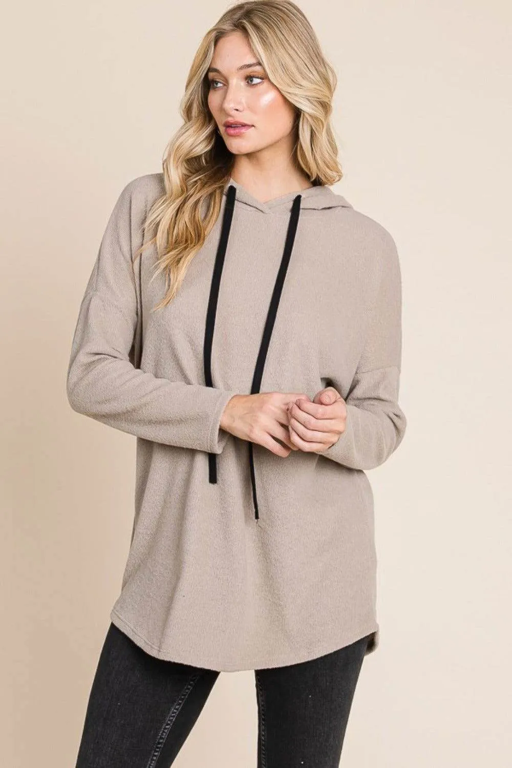 BOMBOM Contrast Drawstring Drop Shoulder Knit Hoodie In Taupe