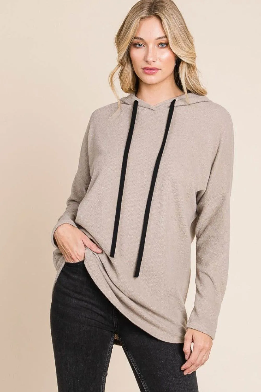 BOMBOM Contrast Drawstring Drop Shoulder Knit Hoodie In Taupe