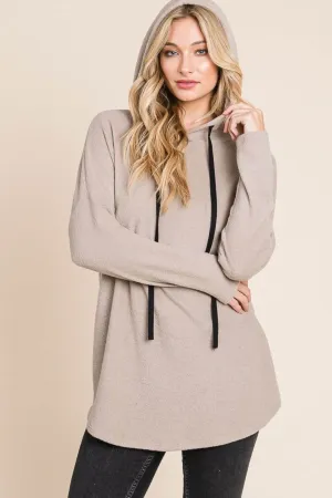 BOMBOM Contrast Drawstring Drop Shoulder Knit Hoodie In Taupe