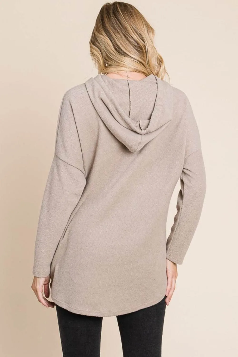 BOMBOM Contrast Drawstring Drop Shoulder Knit Hoodie In Taupe