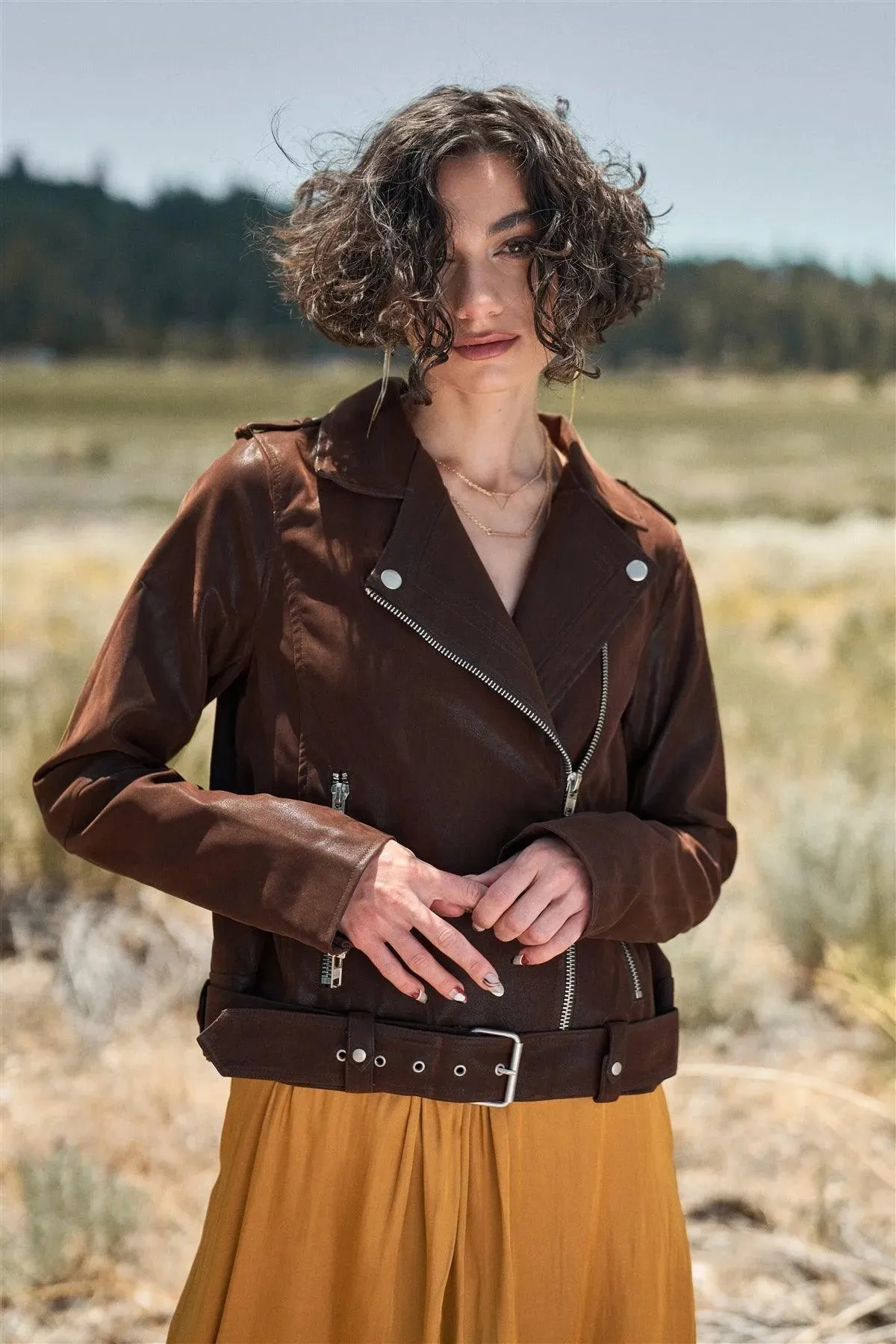 Brown Faux Suede Edgy Belted Hem Biker Jacket