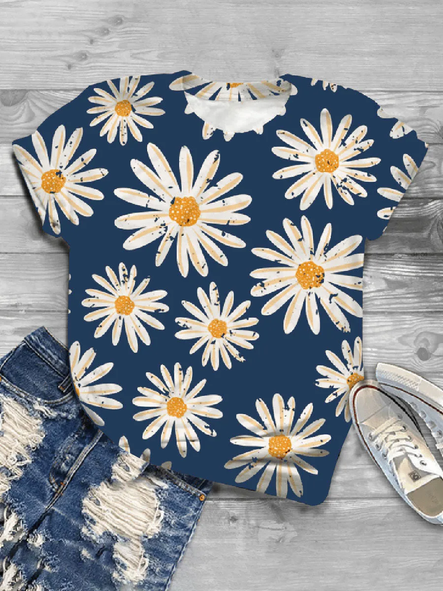 Casual Wild Impression Small Daisy Printed Short-sleeved T-shirt