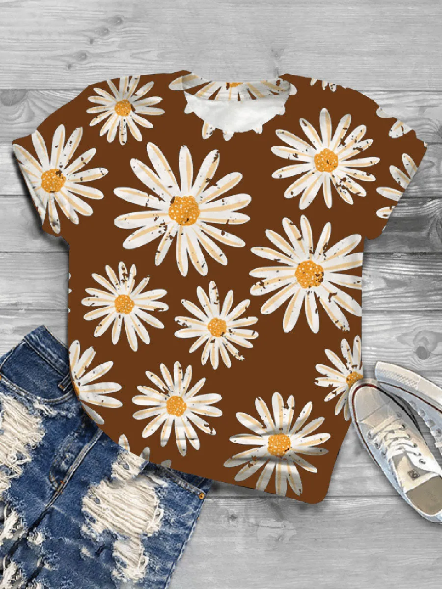 Casual Wild Impression Small Daisy Printed Short-sleeved T-shirt