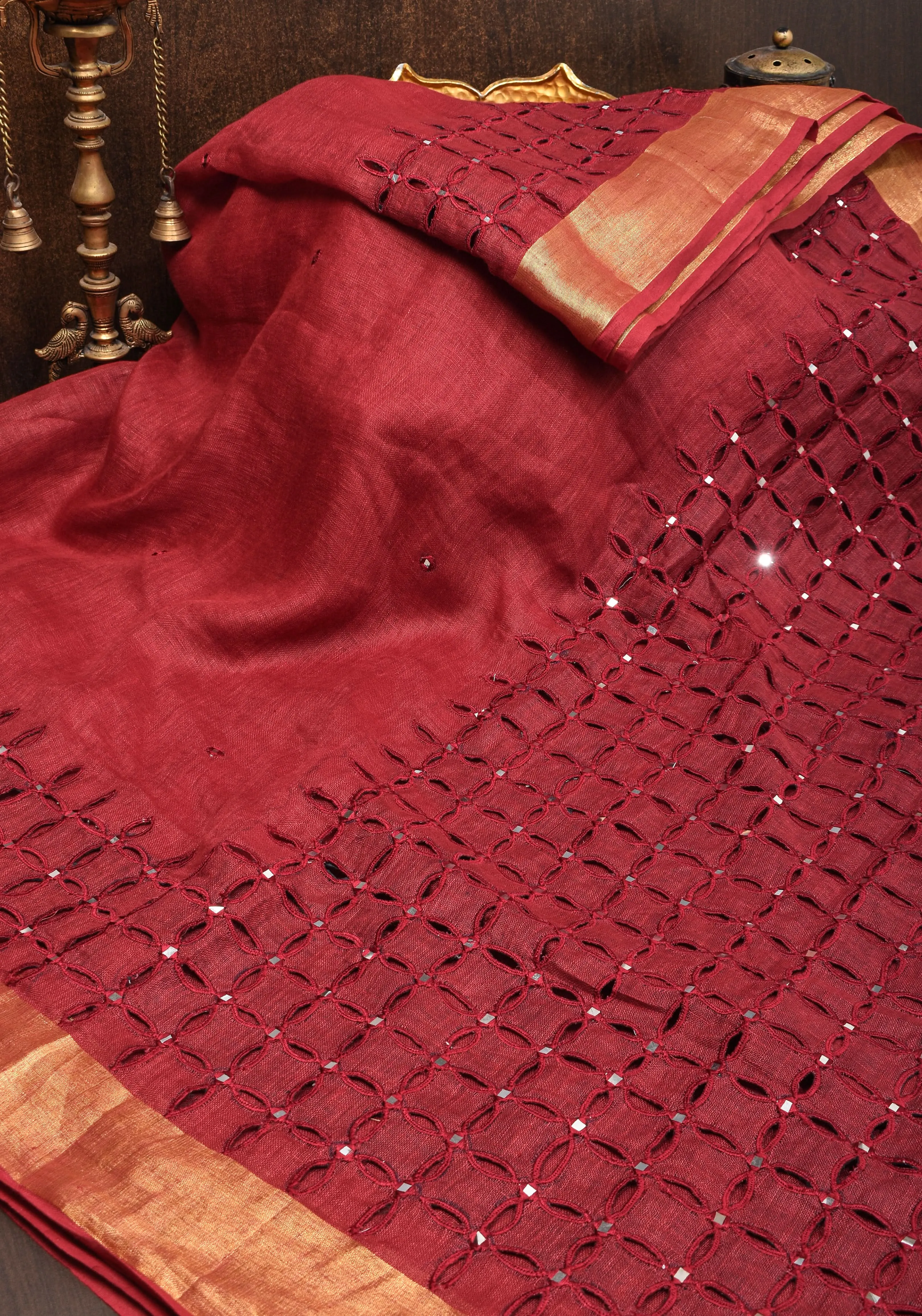 Chudi Design- Linen by Linen Cutwork and Mirrorwork Saree in Deep Red