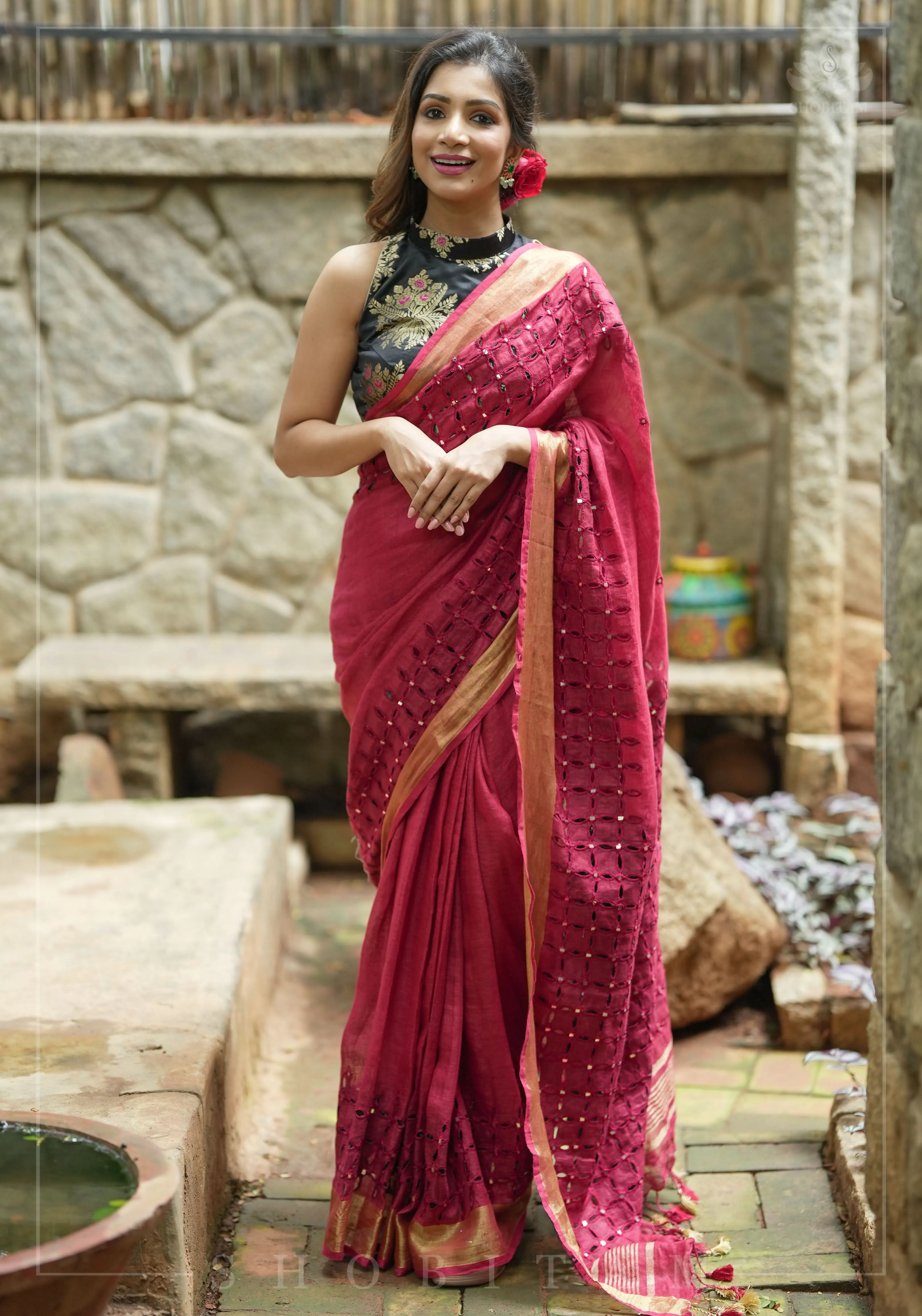 Chudi Design- Linen by Linen Cutwork and Mirrorwork Saree in Deep Red