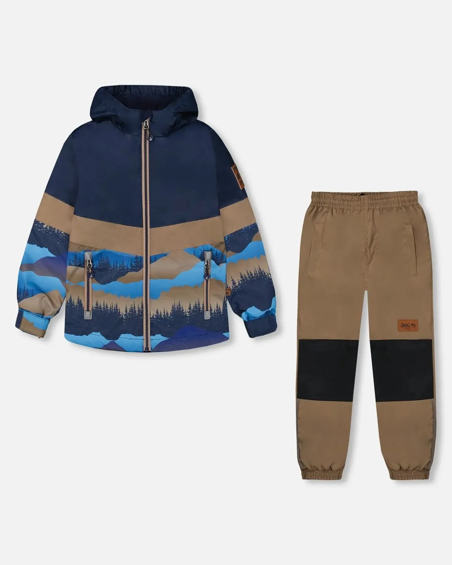 Colorblock Printed Two-Piece Mid-Season Outerwear Set Navy Blue Mountains And Taupe