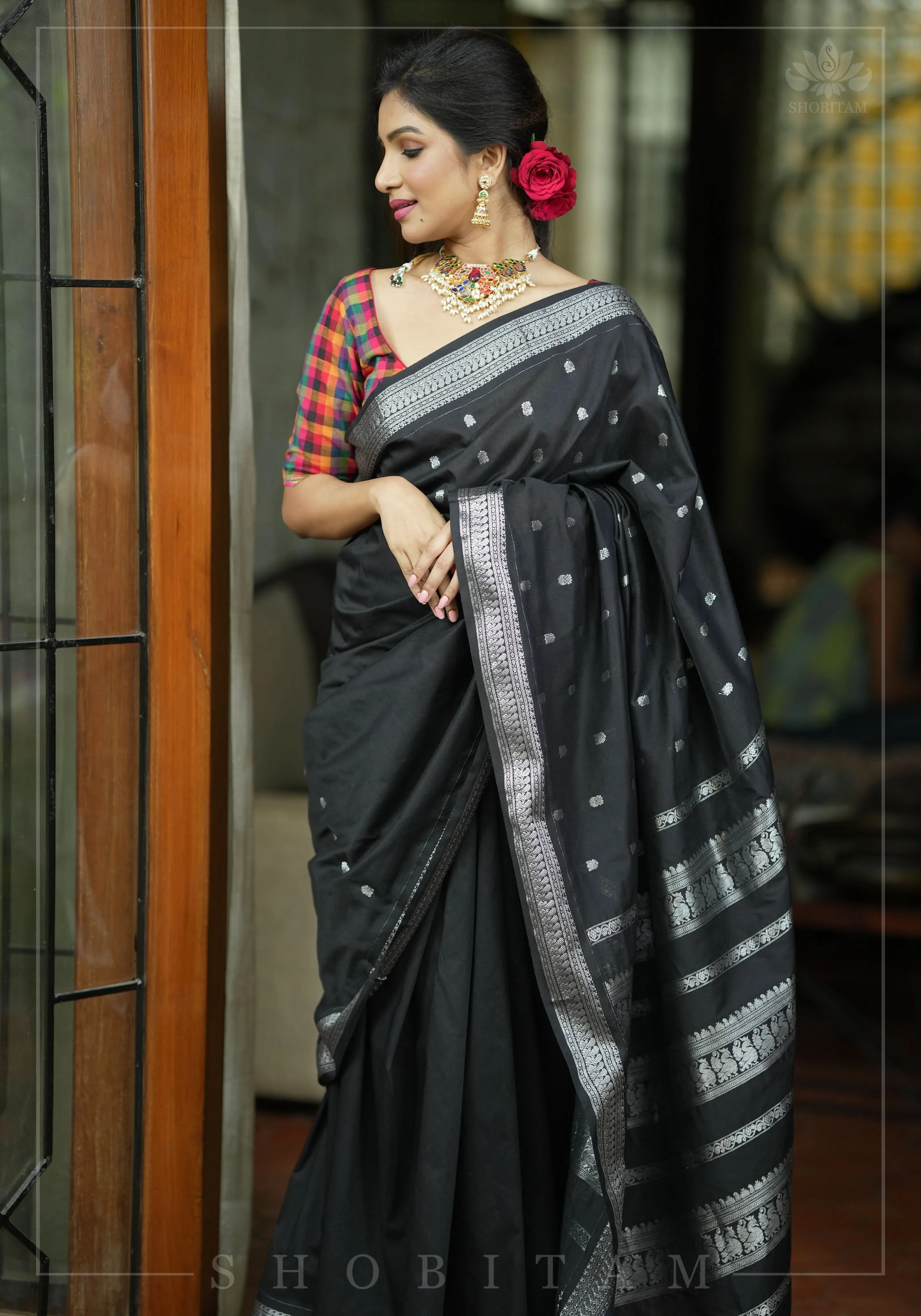 Cotton Silk Saree in Black  with Silver  borders