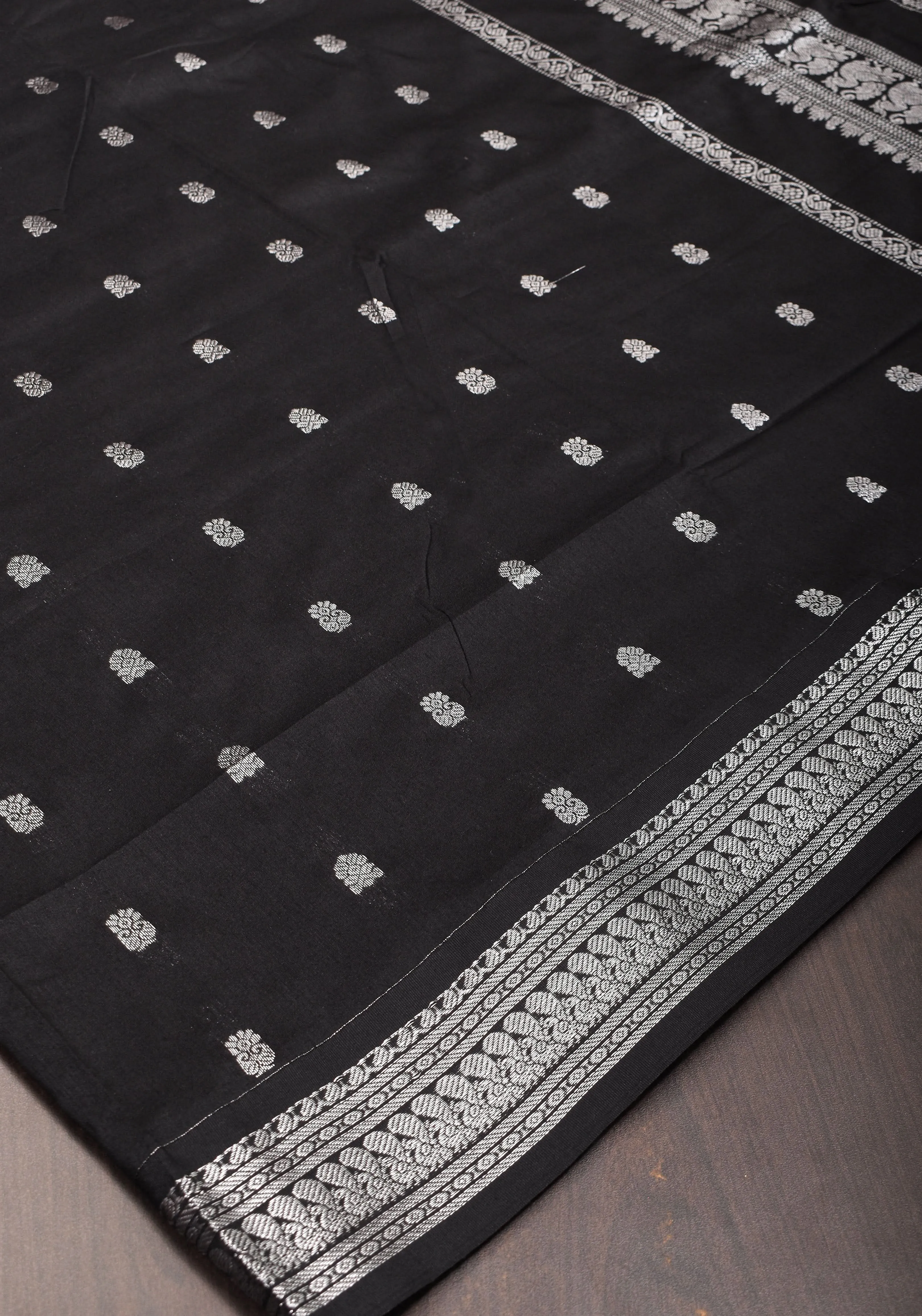 Cotton Silk Saree in Black  with Silver  borders