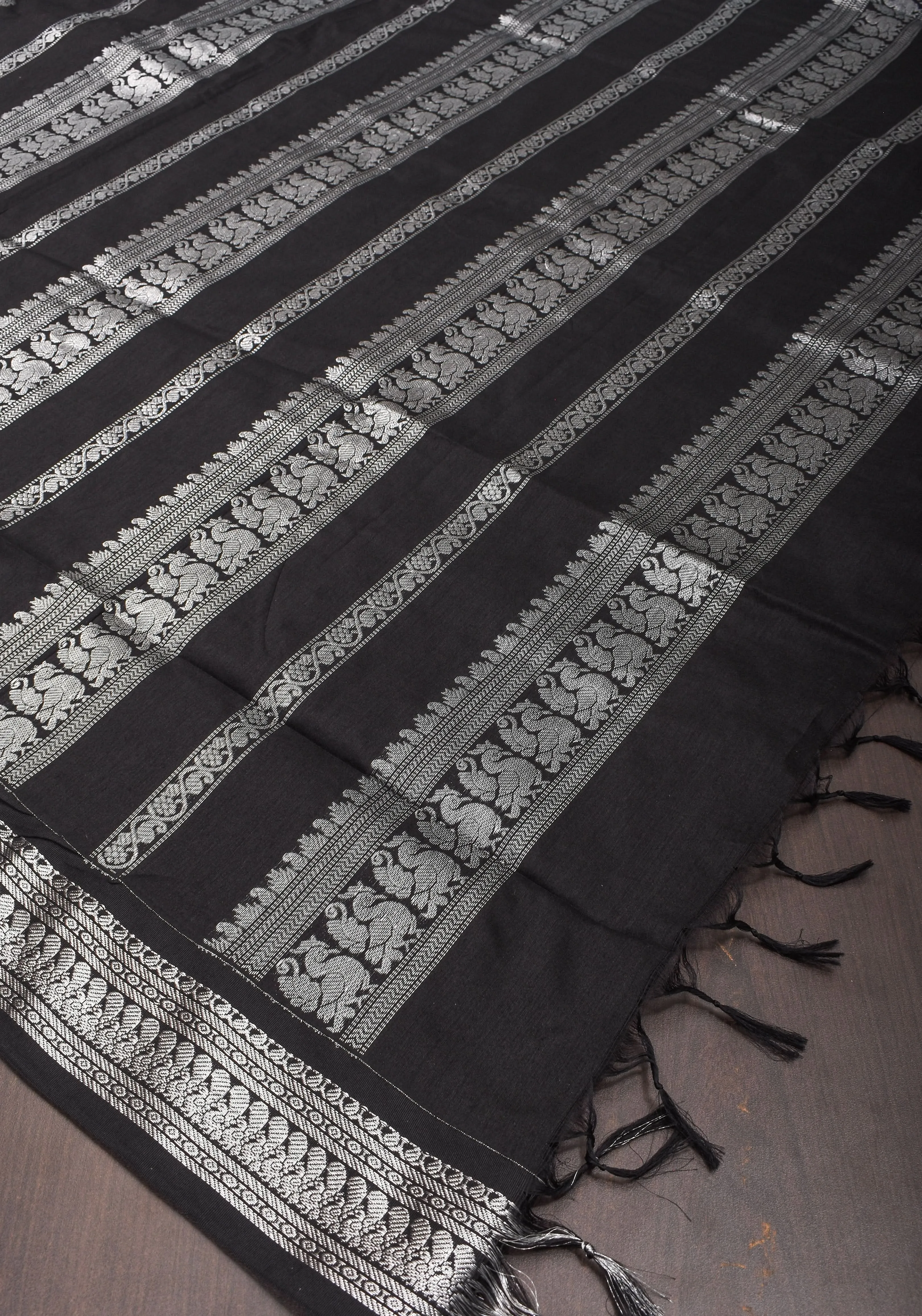 Cotton Silk Saree in Black  with Silver  borders