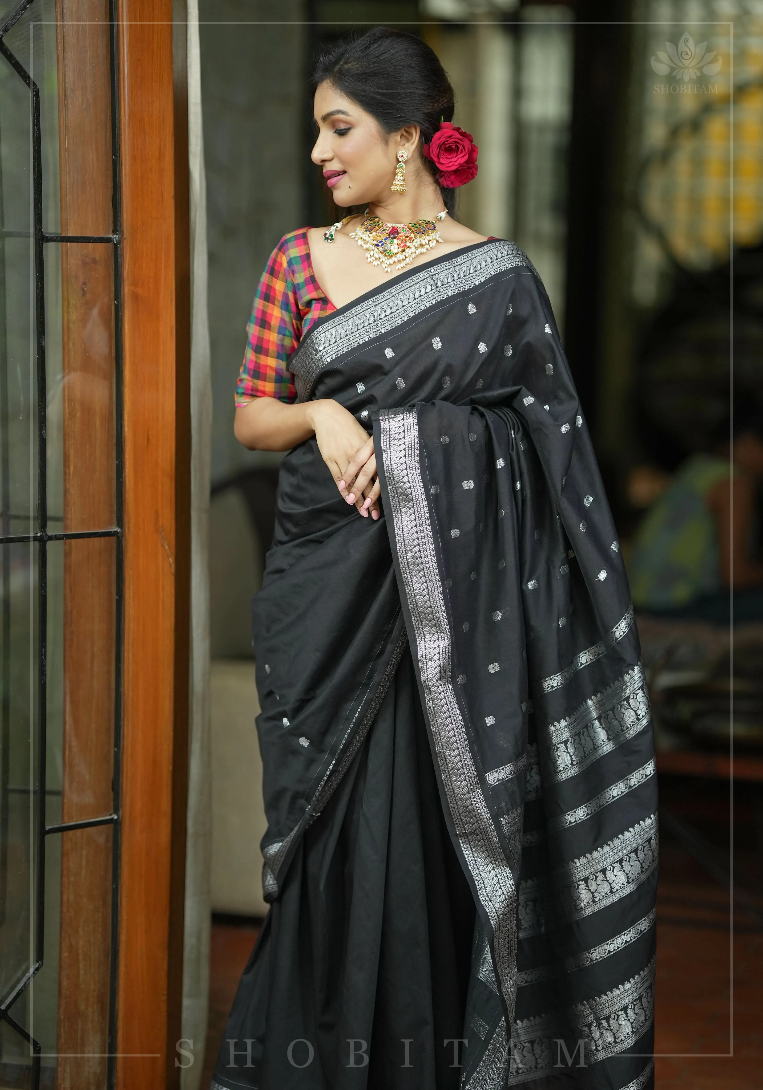 Cotton Silk Saree in Black  with Silver  borders