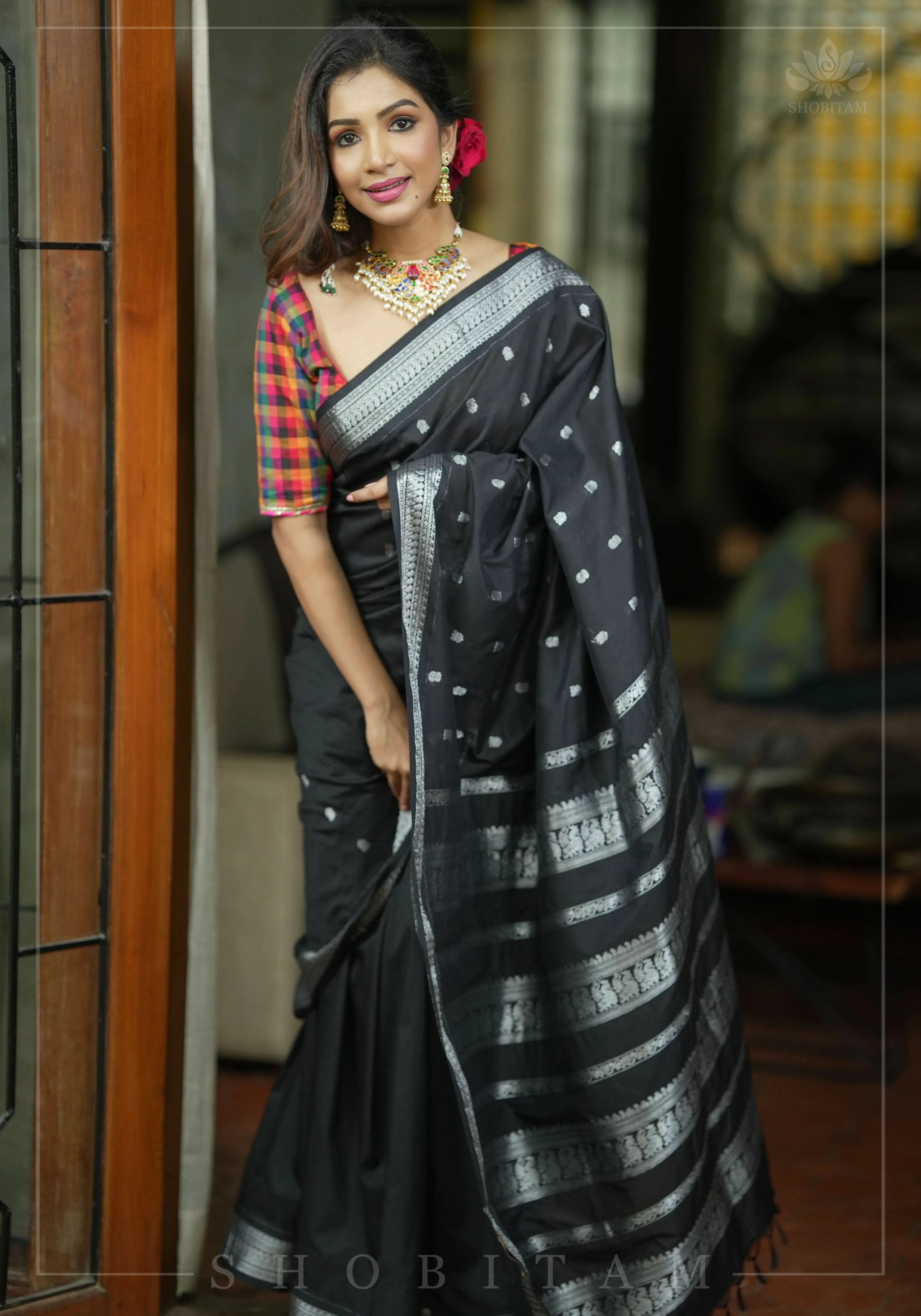 Cotton Silk Saree in Black  with Silver  borders