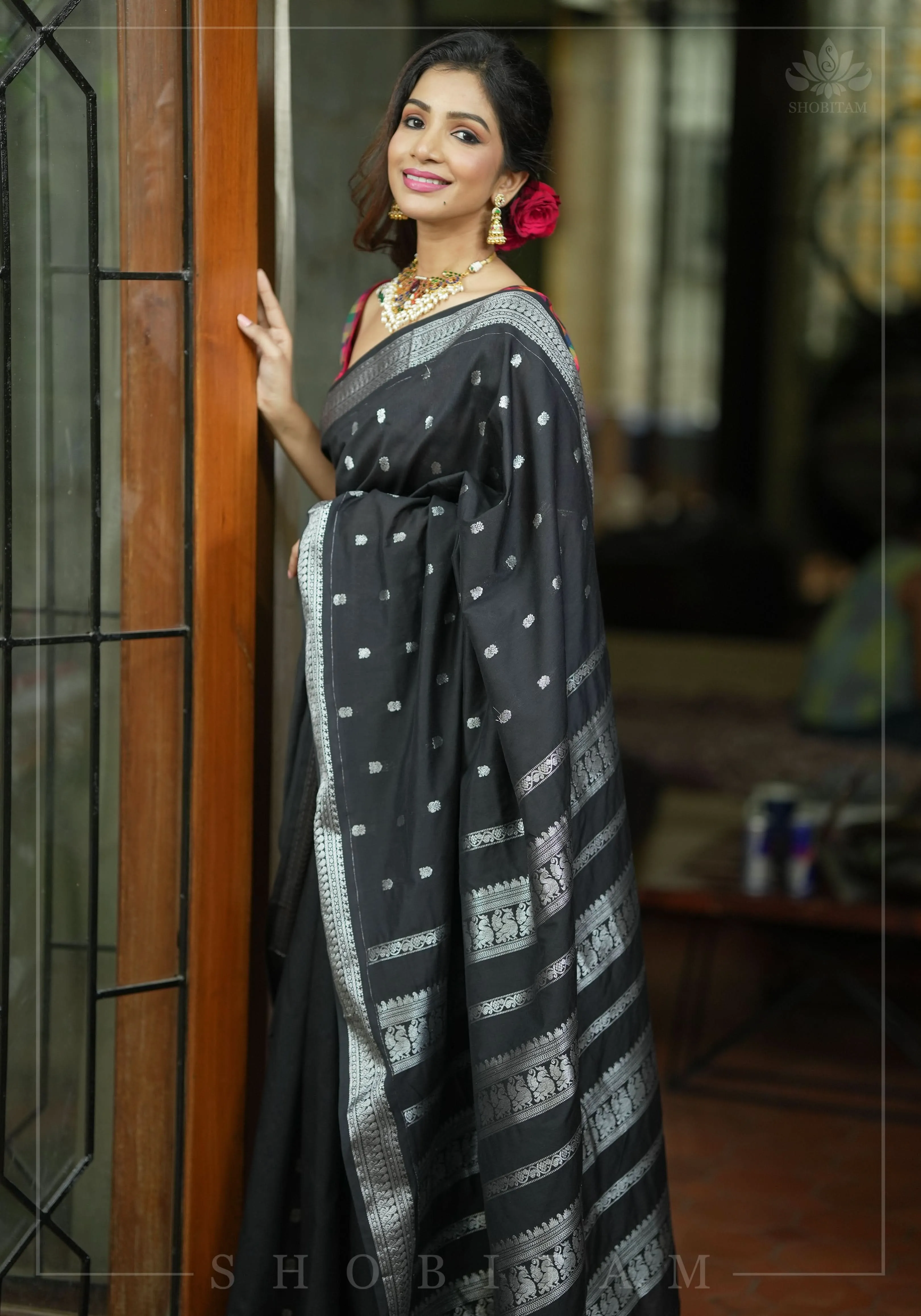 Cotton Silk Saree in Black  with Silver  borders