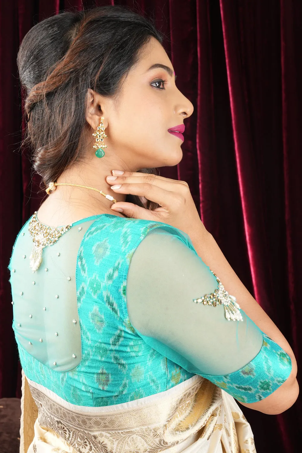 cyan pure ikkat rawsilk blouse with rhinestone detailing in back and sleeves