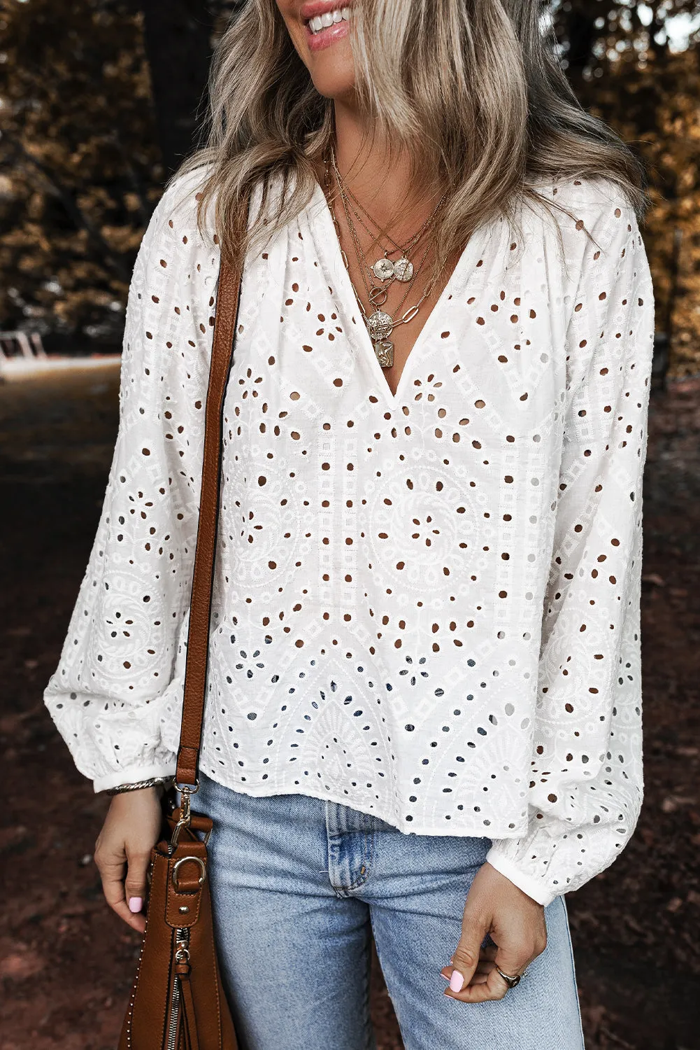 Embroidered Puff Sleeve V Neck Blouse