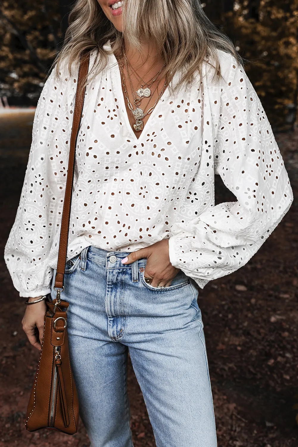 Embroidered Puff Sleeve V Neck Blouse