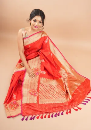 Exquisite Banarasi Katan Silk Saree Meenakari zari and Border in Red with Grand Pallu and Unique Zari Borders | SILK MARK CERTIFIED