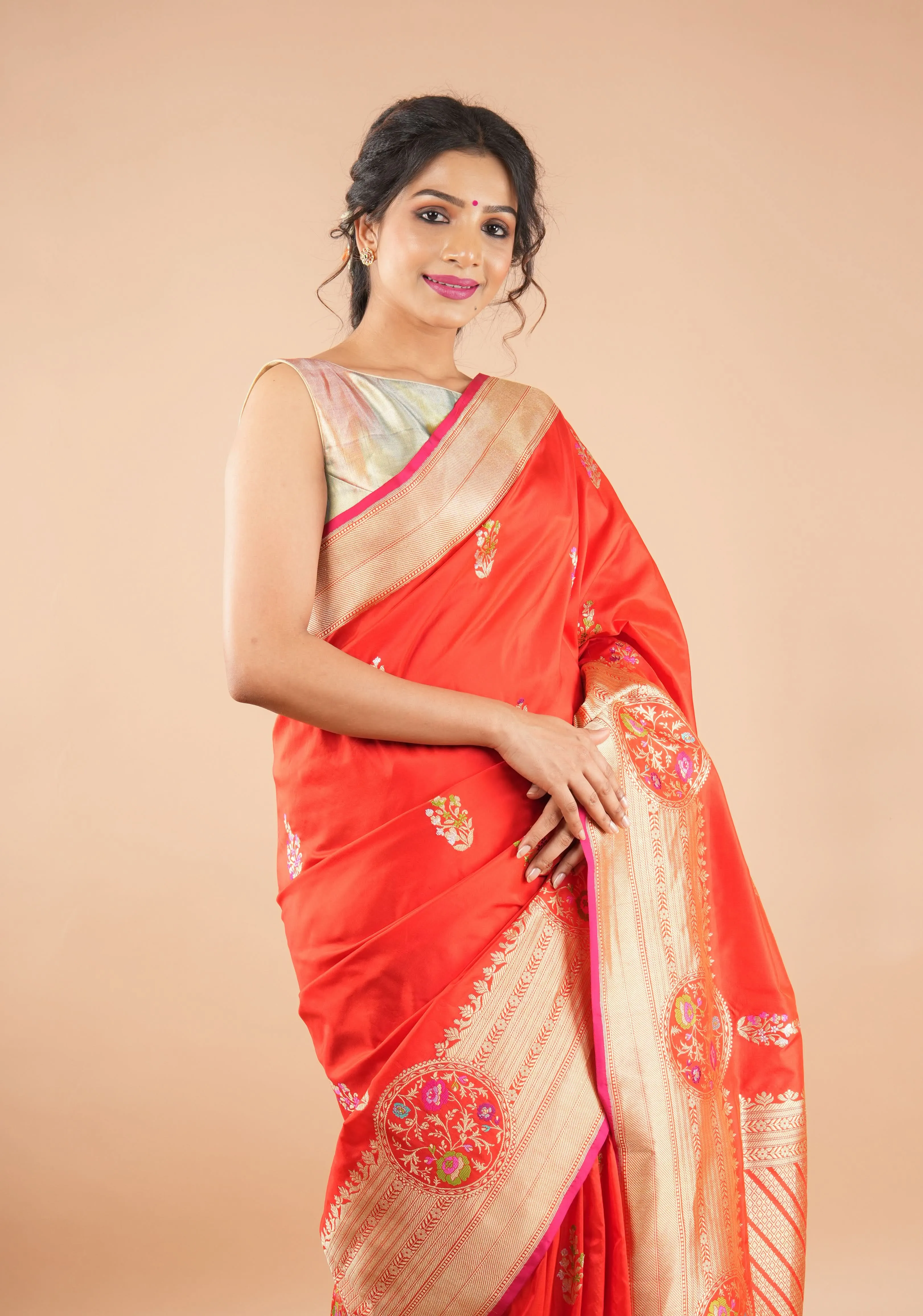 Exquisite Banarasi Katan Silk Saree Meenakari zari and Border in Red with Grand Pallu and Unique Zari Borders | SILK MARK CERTIFIED