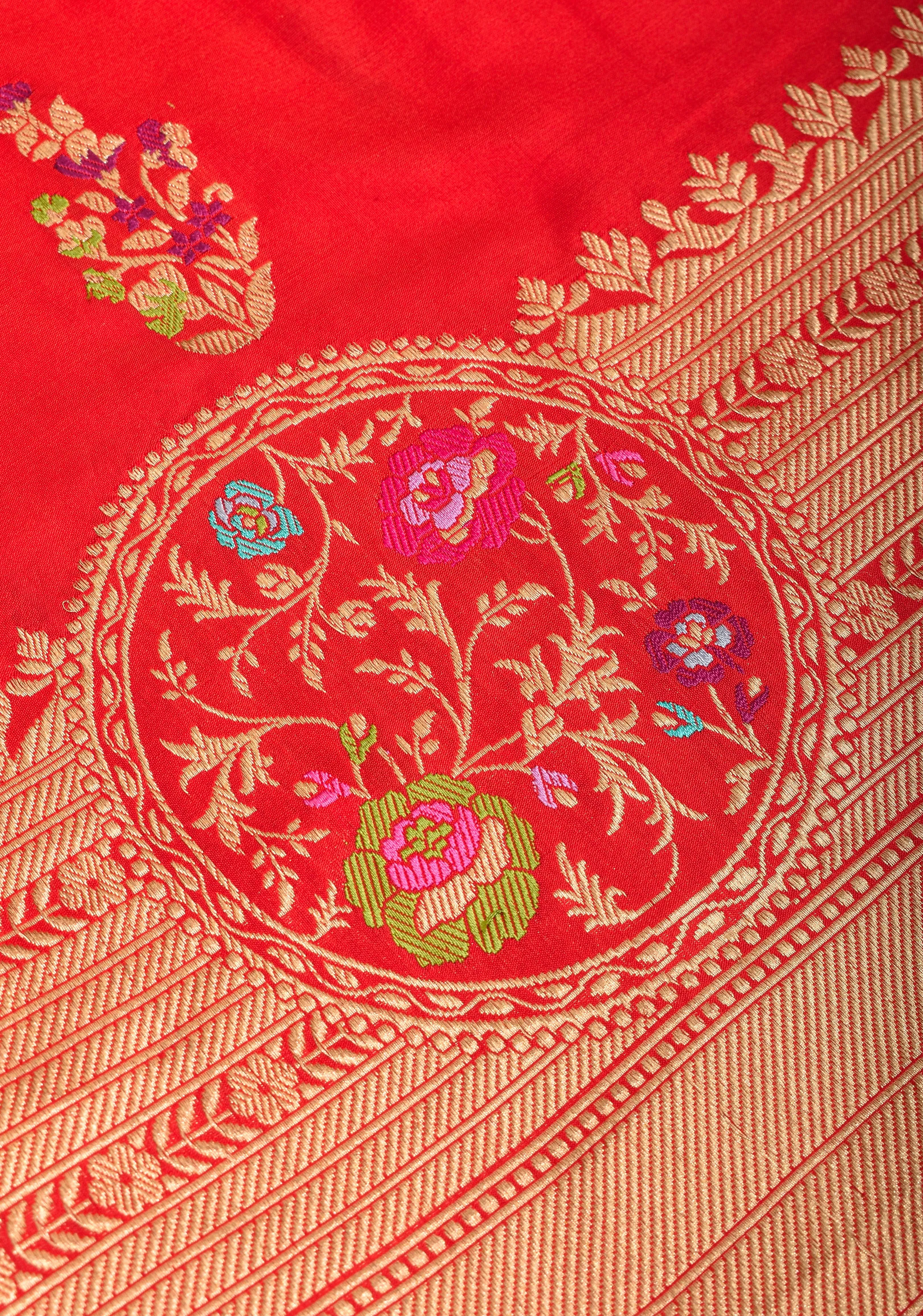 Exquisite Banarasi Katan Silk Saree Meenakari zari and Border in Red with Grand Pallu and Unique Zari Borders | SILK MARK CERTIFIED