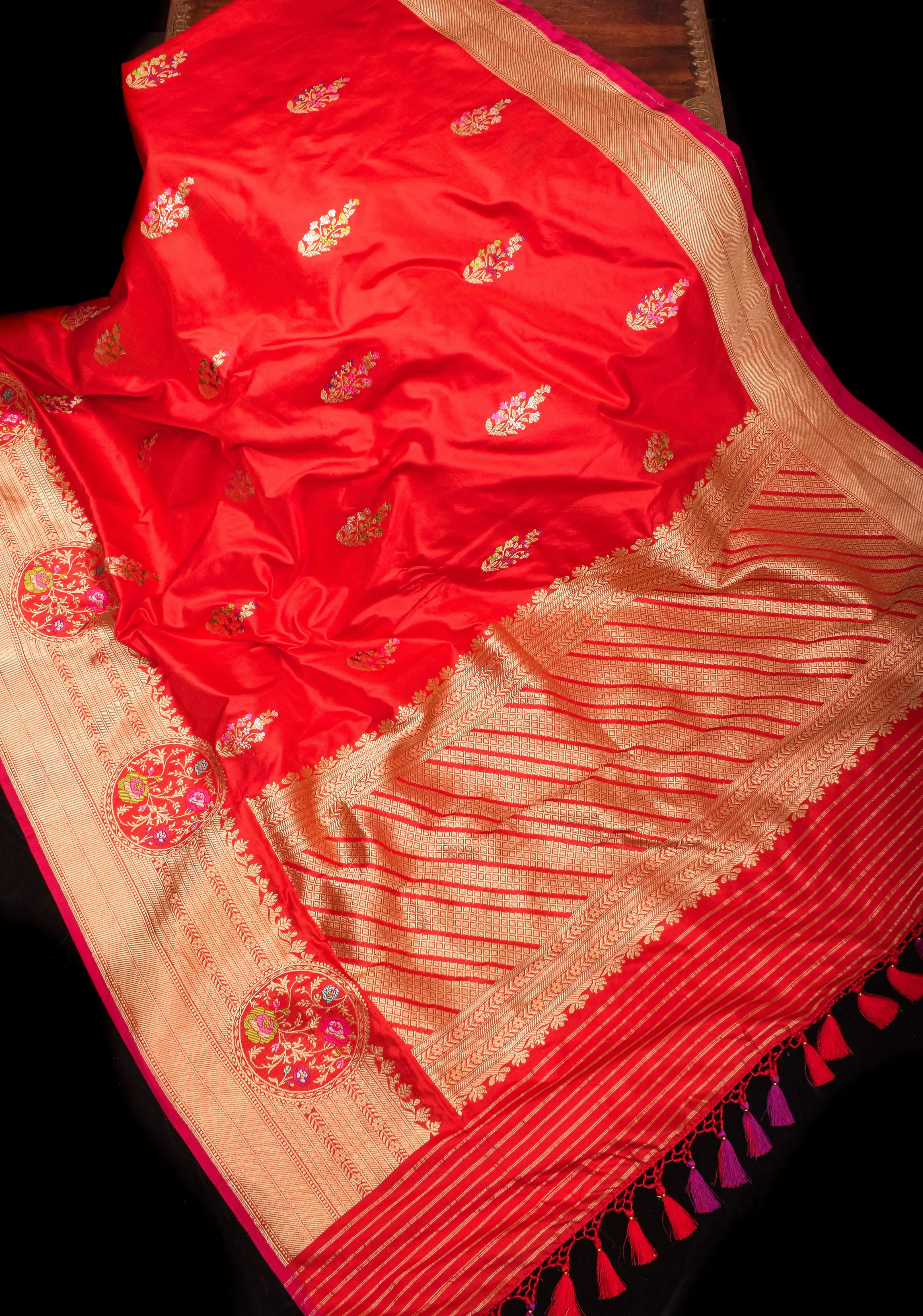 Exquisite Banarasi Katan Silk Saree Meenakari zari and Border in Red with Grand Pallu and Unique Zari Borders | SILK MARK CERTIFIED