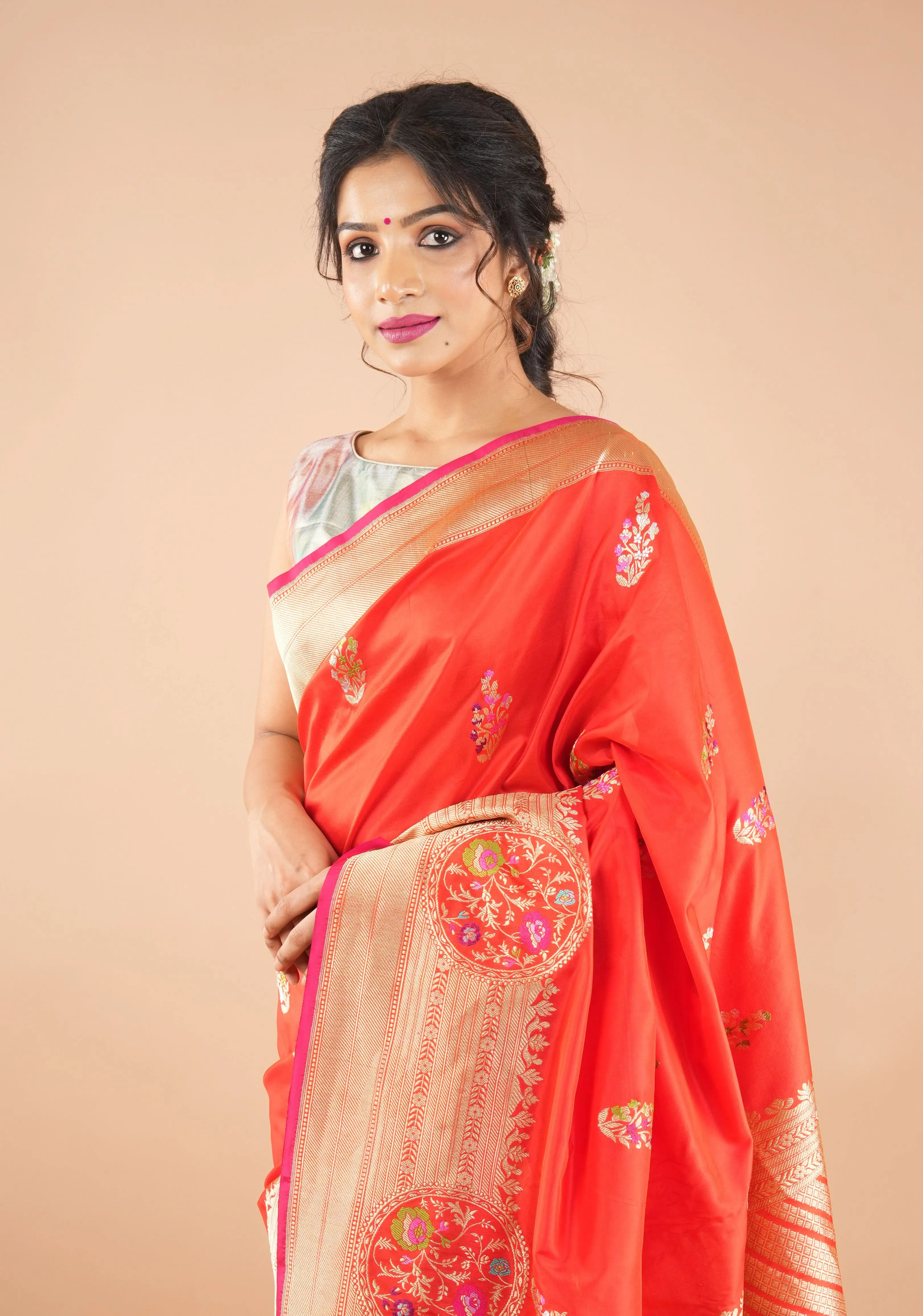 Exquisite Banarasi Katan Silk Saree Meenakari zari and Border in Red with Grand Pallu and Unique Zari Borders | SILK MARK CERTIFIED