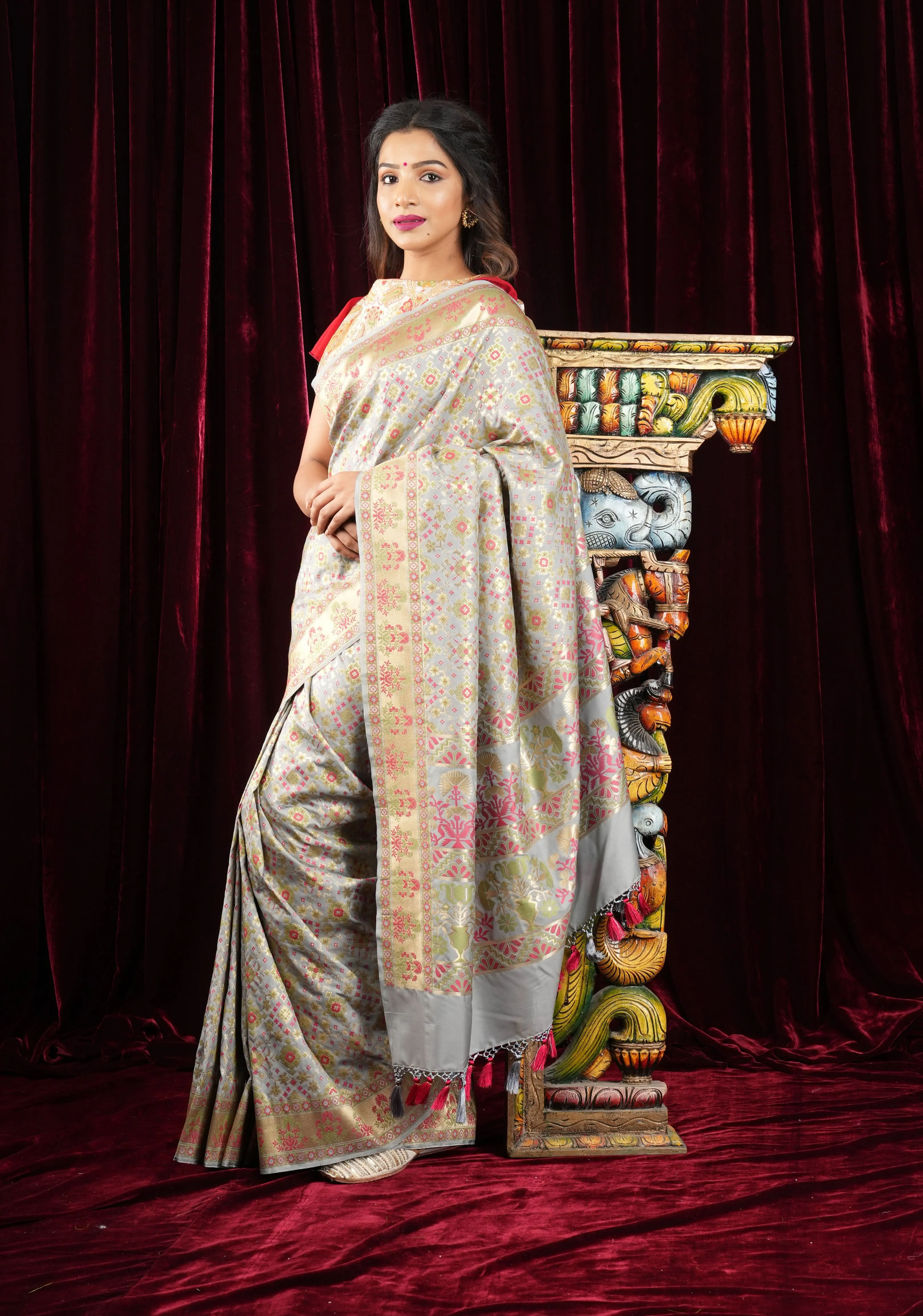 Exquisite Gray Semi Silk Saree with Patola Ikkat Meenakari Zari Border and Pallu